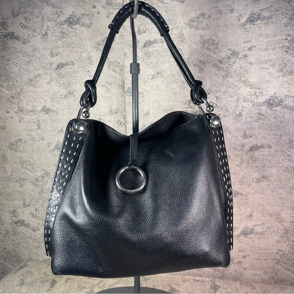 BCBGMaxAzria Black Genuine Pebbled Leather Shoulder Bag Silver Hardware Designer